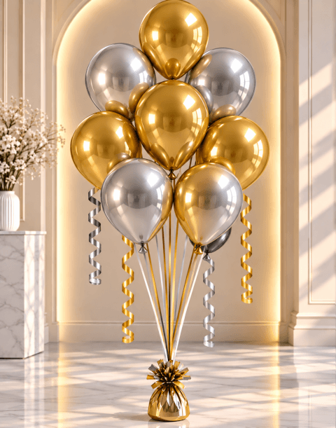 Bouquet de 8 ballons hélium dorés & argentés 