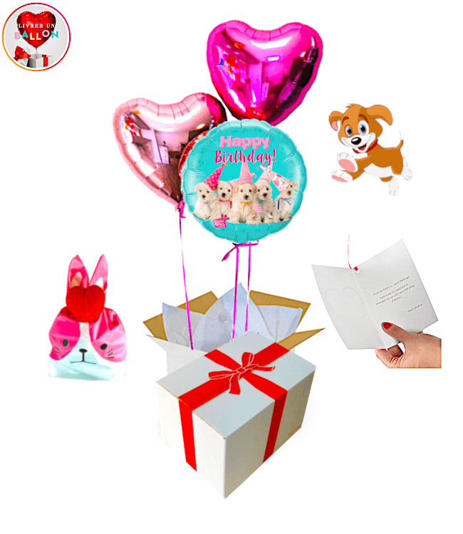 Image 1 Bouquet de Ballons Happy Birthday Chiots +Ballotin de Fraise Tagada By Livrer un Ballon