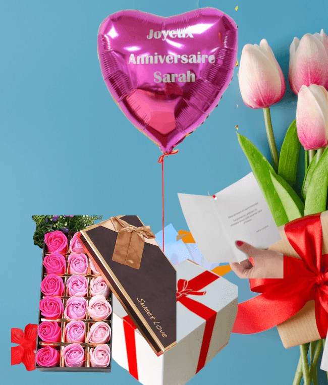 Image 1 Ballon Coeur rose fête des mères à Personnaliser+ Coffret de 18 roses de Savon