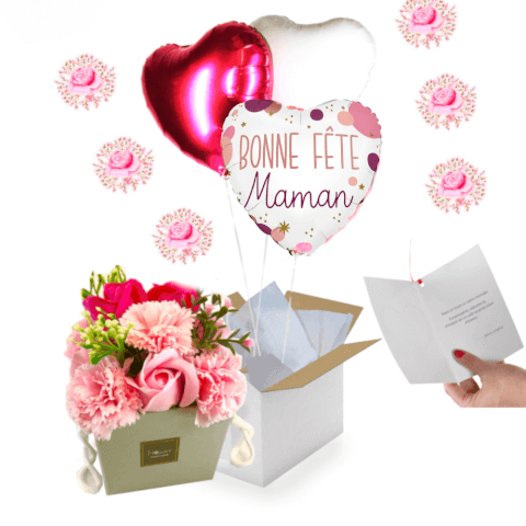 Bouquet de ballons Bonne fête Maman accompagné de son bouquet de fleurs de roses de savon