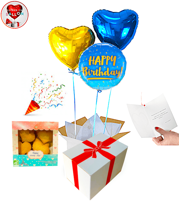 Image 1 Bouquet de Ballons Happy Birthday astral + Biscuits Bio Coeurs Sucrés By Livrer un Ballon