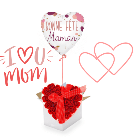 Ballon "Bonne Fête Maman" avec Cœur de 24 Roses Rouges en Savon