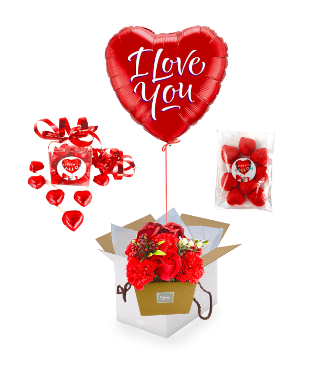 Image 1 Ballon I love You+Bouquet de Roses Rouges de Savon+Chocolat+Big Frais tagada