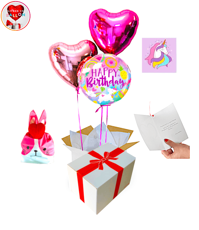 Image 1 Bouquet de Ballons Happy Birthday Licorne + Ballotin de Big Fraise Tagada By Livrer un Ballon