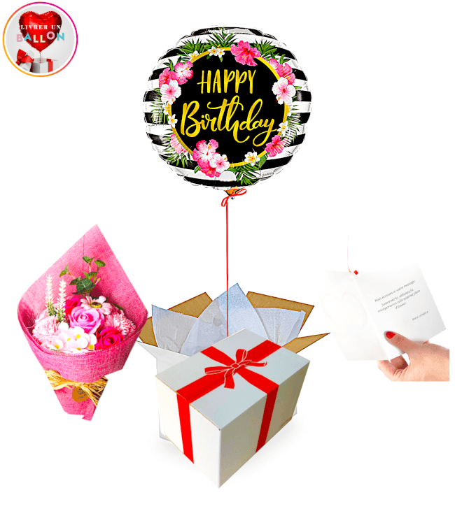 Image 1 Ballon Happy Birthday Fleuri +Bouquet de Fleurs de Roses de Savon à Diluer dans un Bain By Livrer un Ballon