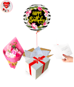 Vignette 1 Ballon Happy Birthday Fleuri +Bouquet de Fleurs de Roses de Savon à Diluer dans un Bain By Livrer un Ballon
