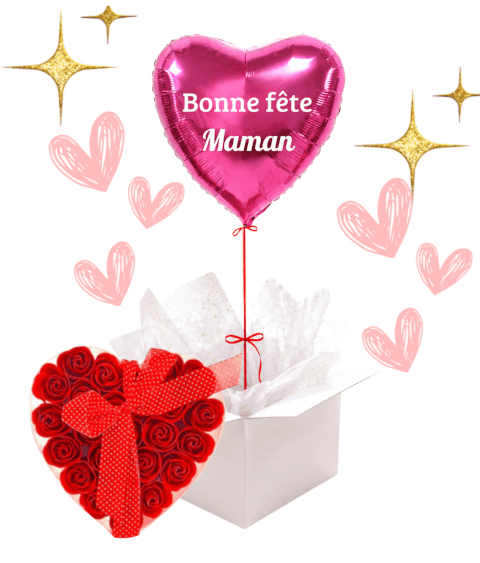 Ballon Cœur Rose “Bonne Fête Maman” & Cœur de 24 Roses Rouges de Savon