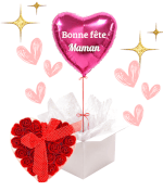 Ballon Cœur Rose “Bonne Fête Maman” & Cœur de 24 Roses Rouges de Savon