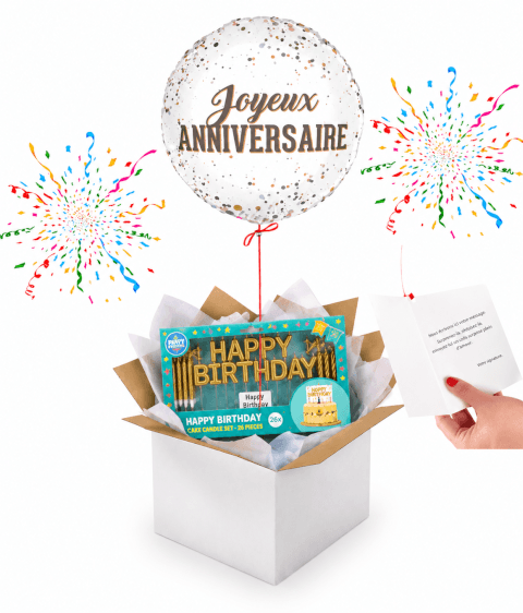 Ballon Joyeux Anniversaire avec Kit de Bougies Dorées