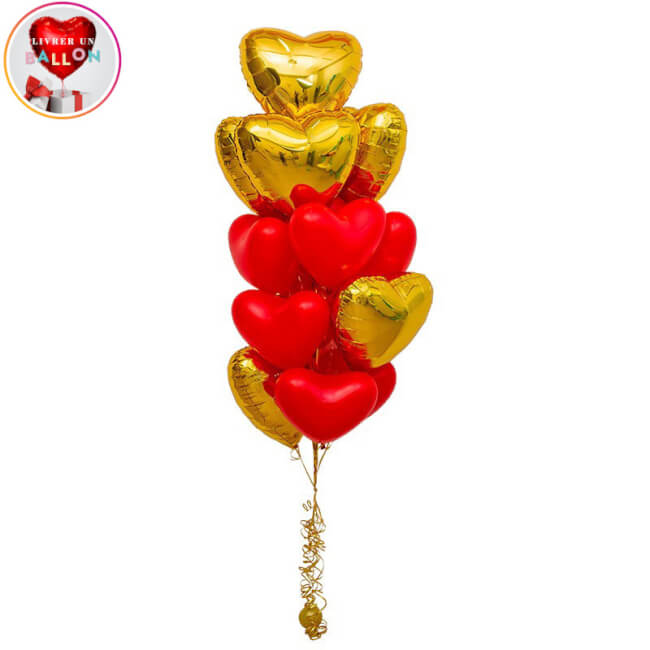 Livrer un ballon - Bouquet de 10 Ballons Coeurs Doré et Coeurs rouges à  personnaliser By Livrer un Ballon