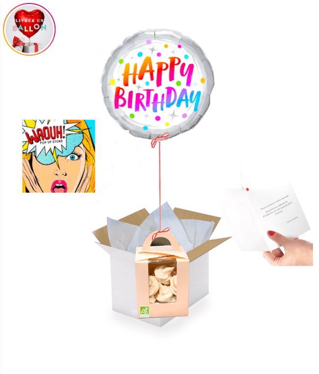 Image 1 Ballon Happy Birthday Argent +Ballotin de Meringues Bio Francaises By Les Biscuits de ma LiLi