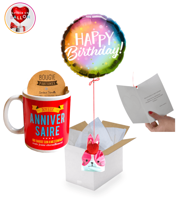 Image 1 Ballon Happy Birthday Solaire+Bougie Mug +Ballotin de Big Fraise Tagada