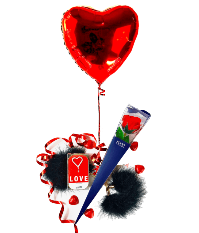 Image 1 Ballon Coeur Rouge+Menotte+Cake Love+Rose rouge de Savon