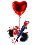 Vignette 1 Ballon Coeur Rouge+Menotte+Cake Love+Rose rouge de Savon