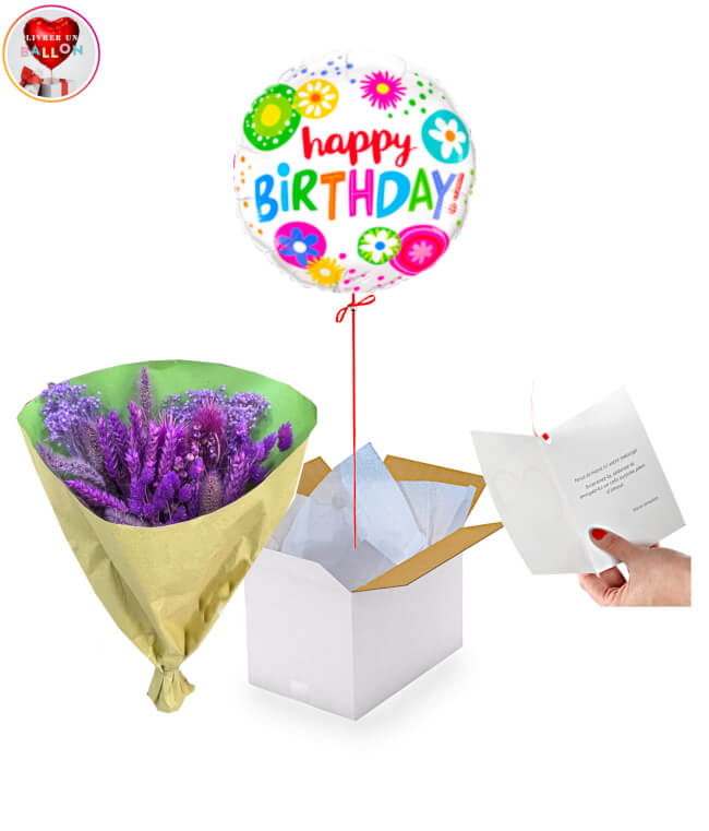 Image 1 Bouquet de Fleurs Eternelles Purple 50cm +Ballon Happy Birthday Fleuri By livrer un ballon