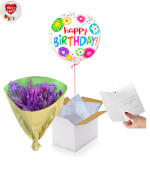 Vignette 1 Bouquet de Fleurs Eternelles Purple 50cm +Ballon Happy Birthday Fleuri By livrer un ballon
