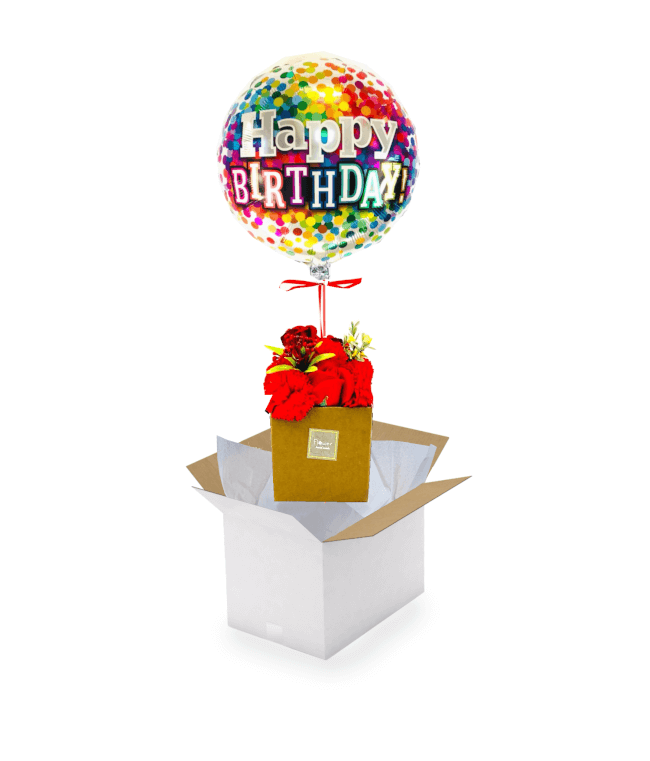 Image 1 Fleurs roses rouges savon + Happy birthday