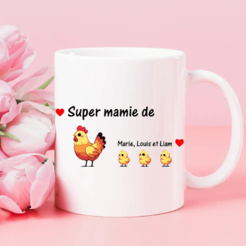 Mug "Super Mamie Poule" – Personnalisable avec les Prénoms des Petits-Enfants