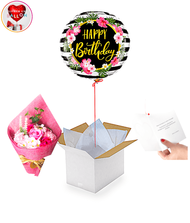Image 1 Ballon Happy Birthday Fleuri+Bouquet de Roses De Savon By Livrer un Ballon