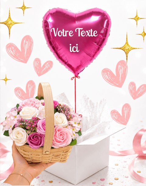 Ballon Cœur Rose Personnalisé et Bouquet de Fleurs en Savon – Le Cadeau Parfait à Offrir