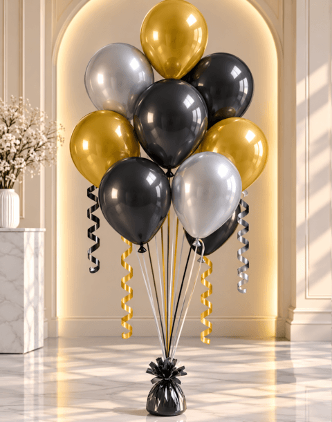 Bouquet de 8 ballons hélium noir, or & argent