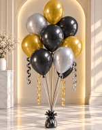 Vignette 1 Bouquet de 8 ballons hélium noir, or & argent