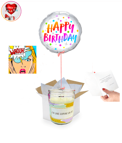 Ballon Happy Birthday Argent +Bougie "tu es une copine en Or!" By Livrer un Ballon