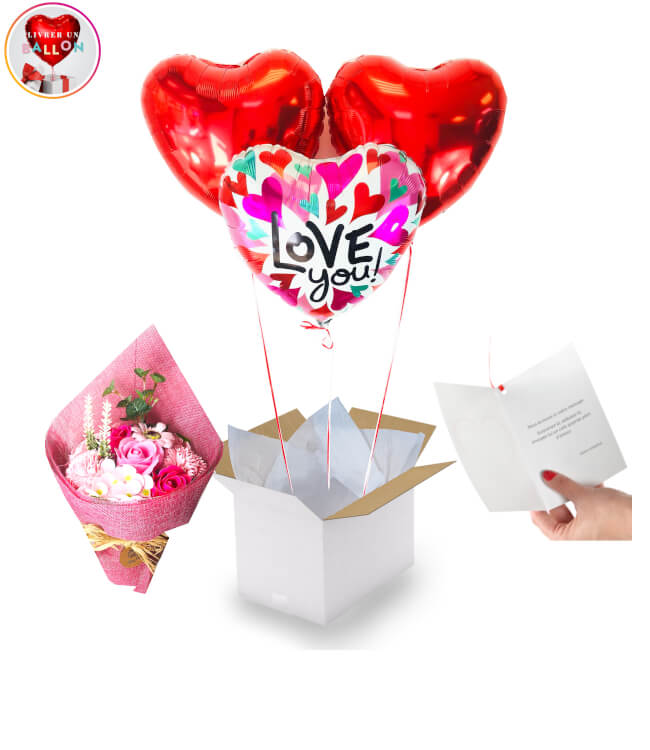 Image 1 Bouquet de Ballons 3 coeurs I love You+Bouquet de roses de Savon. By Livrer un ballon