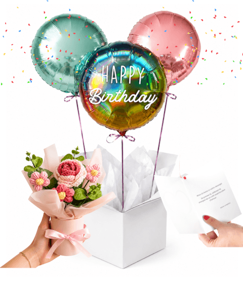 Bouquet de 3 Ballons Hélium & Bouquet de Fleurs au Crochet – Le Cadeau Surprise Inoubliable