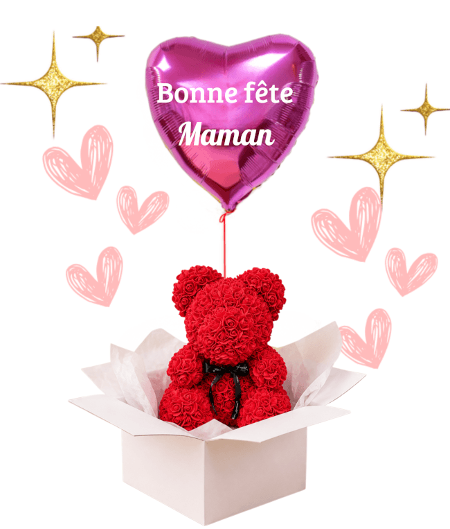 Image 1 Coffret Ballon coeur rose “Bonne Fête Maman” & Ourson Rouge en Mousse
