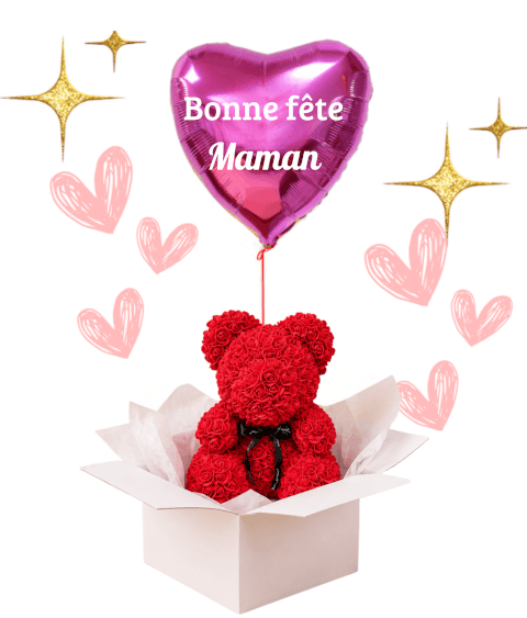 Coffret Ballon coeur rose “Bonne Fête Maman” & Ourson Rouge en Mousse