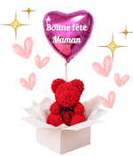 Coffret Ballon coeur rose “Bonne Fête Maman” & Ourson Rouge en Mousse
