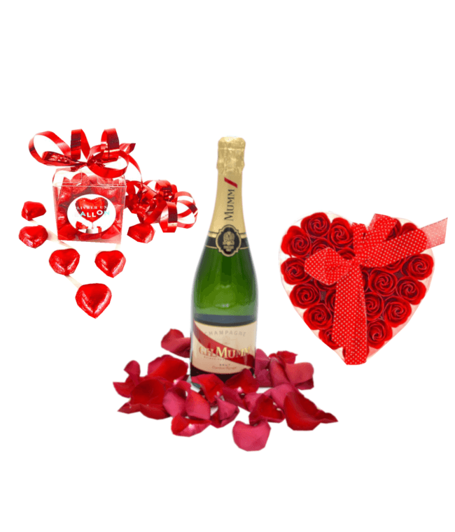 Image 2 Big Saint valentin 6 coeurs rouges+chocolat+24 roses rouges de savons+champagne Mumm