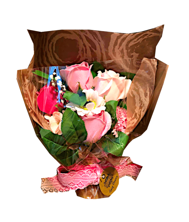 Image 2 Ballon Happy Birthday Solaire Rosé+Bouquet de Fleurs de Savon
