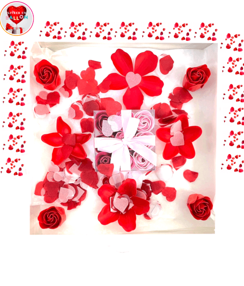 Image BOOM LOVE BOX 35X35X35!Explosion confettis rouges!accompagnée de 12 roses rouges de savon,Texte à personnaliser sur la Box