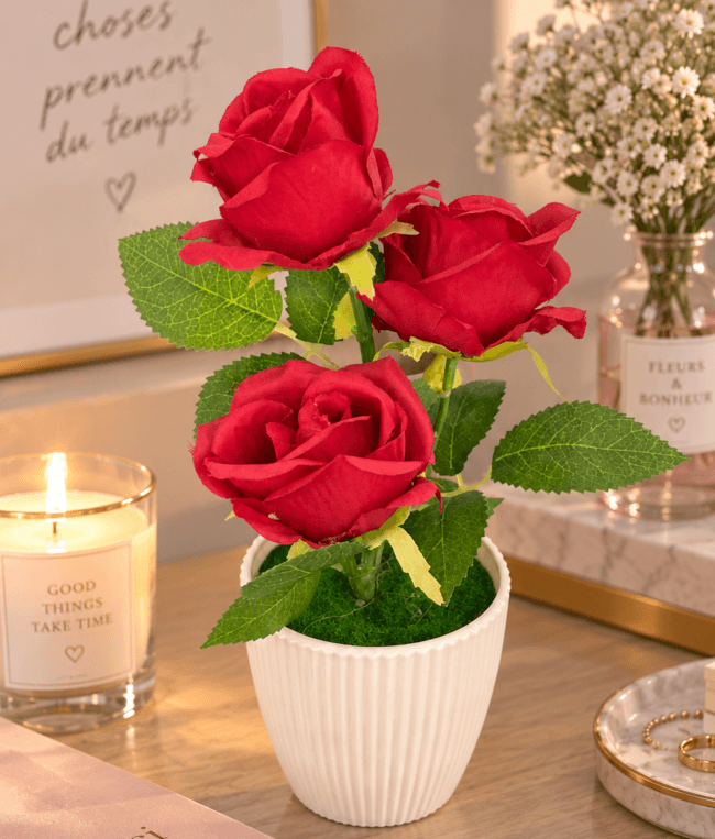 Image 2 Bouquet décoratif – 3 Roses Rouges en Tissu 26cm