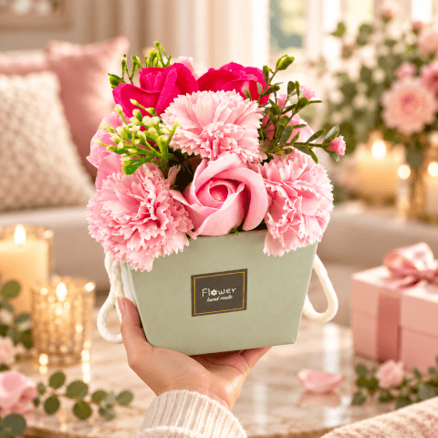 Image Box Anniversaire, 3 Ballons Happy Birthday et Bouquet de Fleurs en Savon