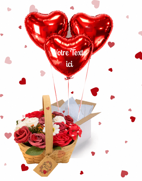 Image Coffret 3 Ballons Cœur Rouges Personnalisé et Panier de Roses en Savon – Une Surprise Pleine d'Amour
