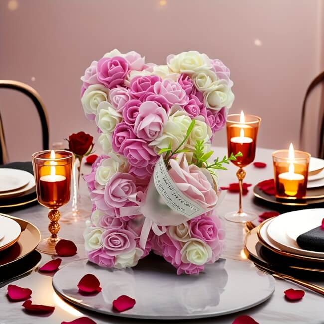 Image 2 Ours en roses de mousse blanches et roses – avec petite rose rouge – 22 cm x 15 cm