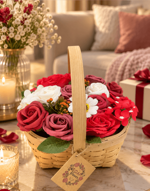 Image Panier de Roses en Savon Rouges et Blanches – Un Cadeau Romantique à Offrir