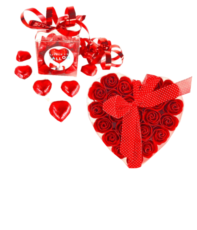 Image 2 3 coeurs rouges+ballotin de chocolat+24 roses rouges de savon