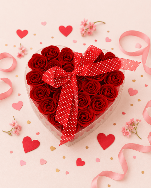 Image Ballon Cœur Rose “Bonne Fête Maman” & Cœur de 24 Roses Rouges de Savon