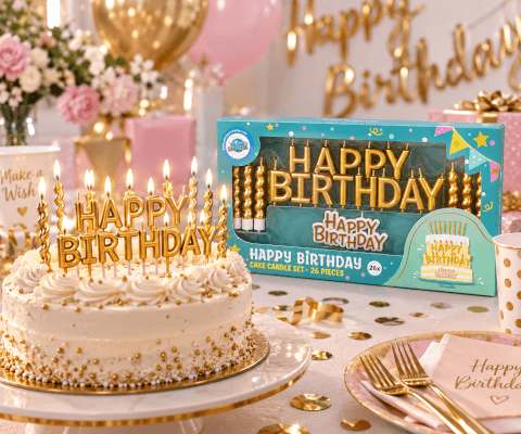 Image Ballon Joyeux Anniversaire avec Kit de Bougies Dorées