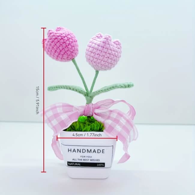 Image 2 Plante en pot de tulipe faite main au crochet avec nœud rose 