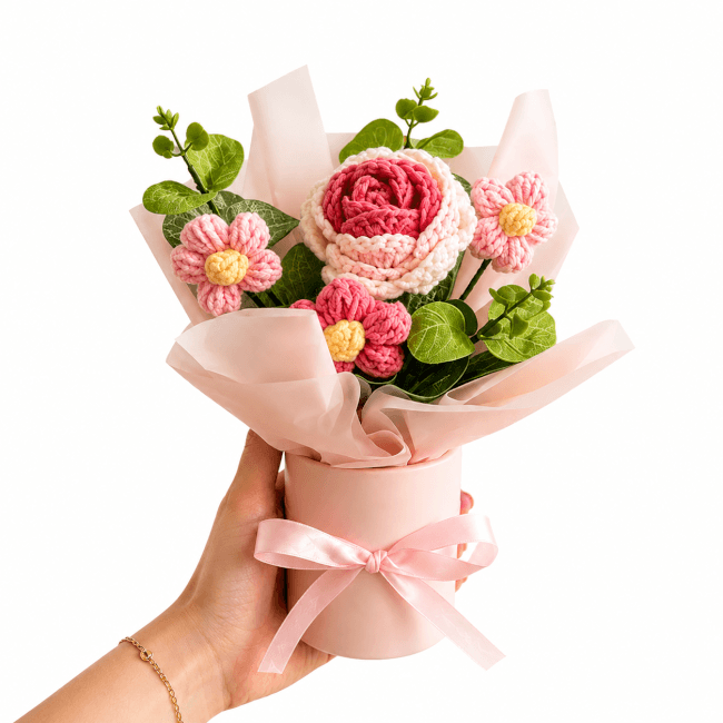 Image 2 Bouquet de 3 Ballons Hélium & Bouquet de Fleurs au Crochet – Le Cadeau Surprise Inoubliable